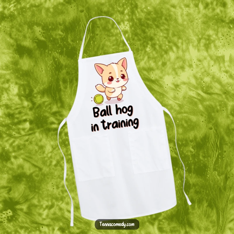 Funny Kawaii Tennis Chase Apron: Humorous depiction of a kawaii character chasing a tennis ball, great for kitchen playtime.