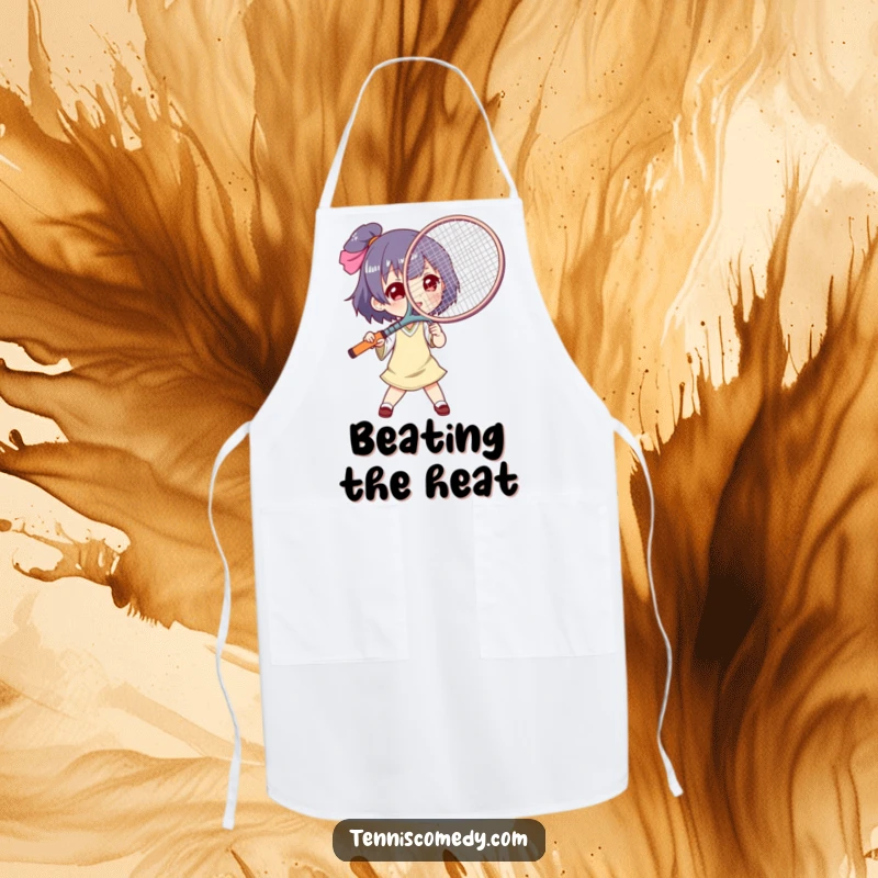 Funny tennis racket fan apron, durable fabric, depicts a character using a tennis racket as a giant fan, great for grilling.