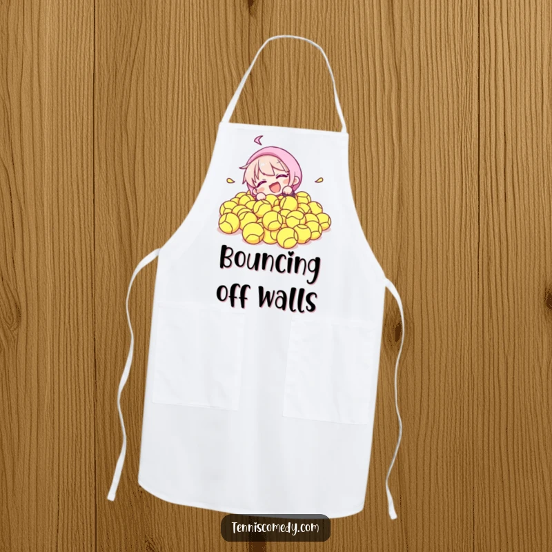 Funny apron featuring a character comically tumbling into a large pile of tennis balls, perfect for home cooks who embrace fun and a bit of mess.