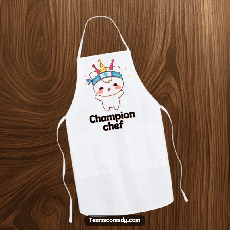 Funny apron with a kawaii tennis player wearing a sweatband, celebrating a cooking victory with playful flair.