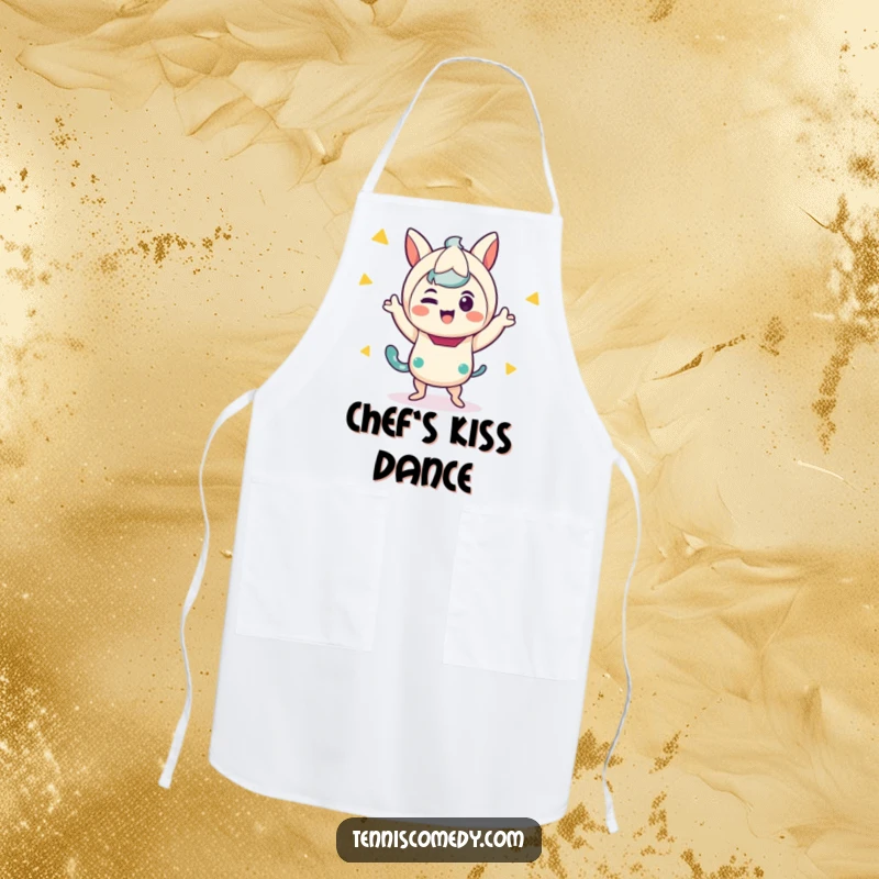 Funny apron featuring a happy kawaii character engaged in a silly, celebratory victory dance while perhaps cooking.