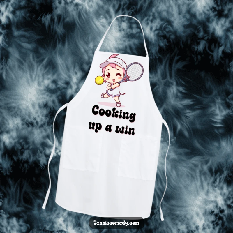 Funny tennis player apron with a character in a dynamic pose, racket ready to hit a ball, perfect for kitchen fun.