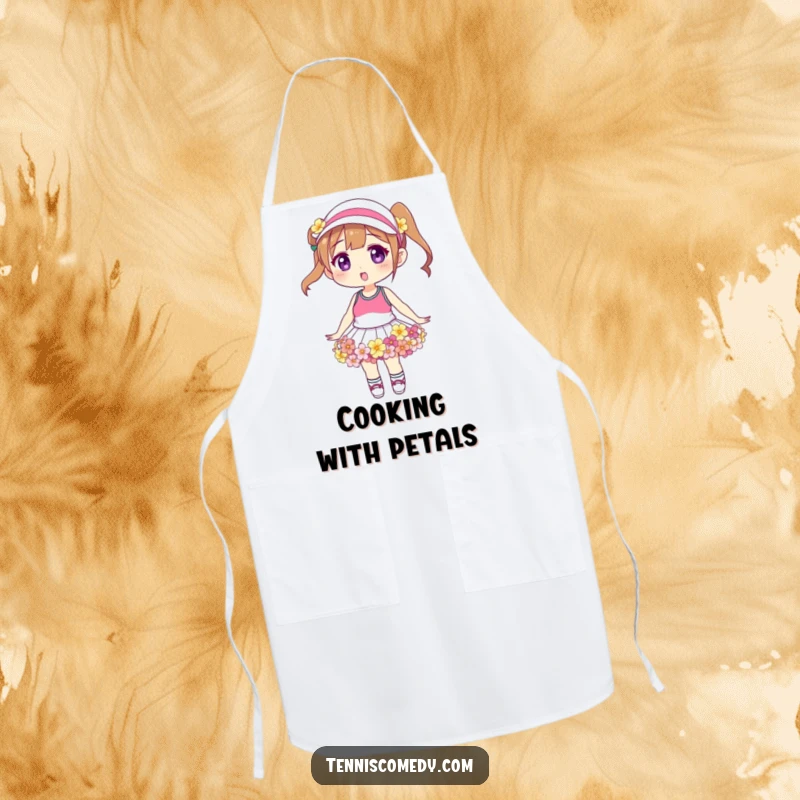 Funny floral tennis skirt apron, durable fabric, shows a character wearing a skirt made of lovely flowers, great for baking.