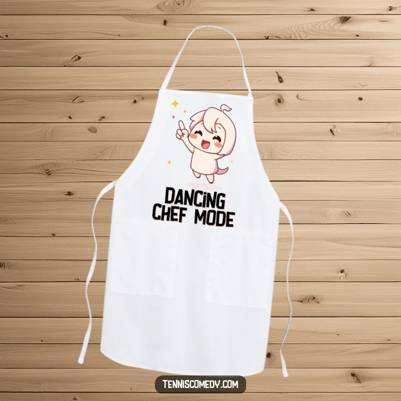 Funny cute character apron, doing a happy dance to celebrate a point, ready for kitchen fun.