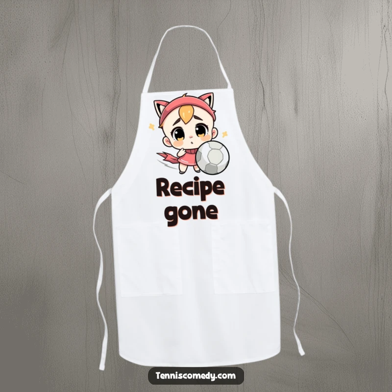 Funny apron with a cute character showing confusion at a very fast tennis ball. Humorous kitchen wear.