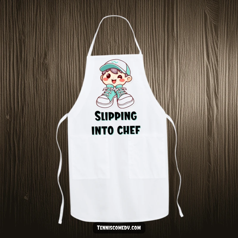 Funny Kawaii character apron with oversized tennis shoes and a big grin, adding humor to cooking and baking tasks.