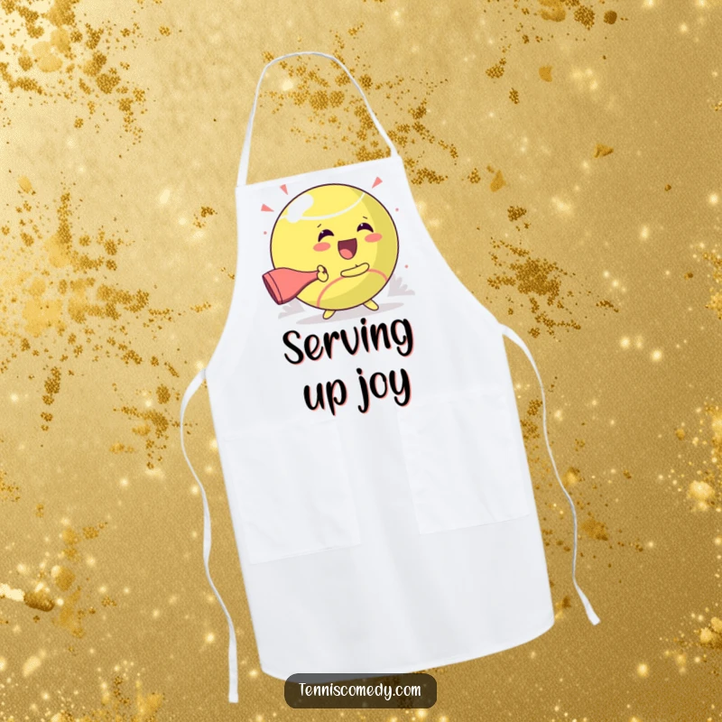 Funny apron with a kawaii character gleefully smashing a giant tennis ball, perfect for chefs who cook with joy.
