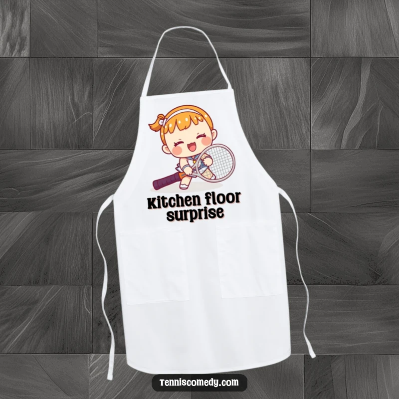 Funny Kawaii Tennis Oopsie Apron: Humorous depiction of a kawaii character tripping over a tennis racket, great for kitchen fun.