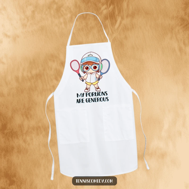 Funny apron featuring a character in oversized tennis gear, striking a humorous pose while cooking.