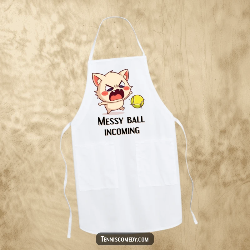 Funny apron showing a scared Staffordshire character recoiling dramatically from a fast tennis ball, ideal for a humorous sports fan.