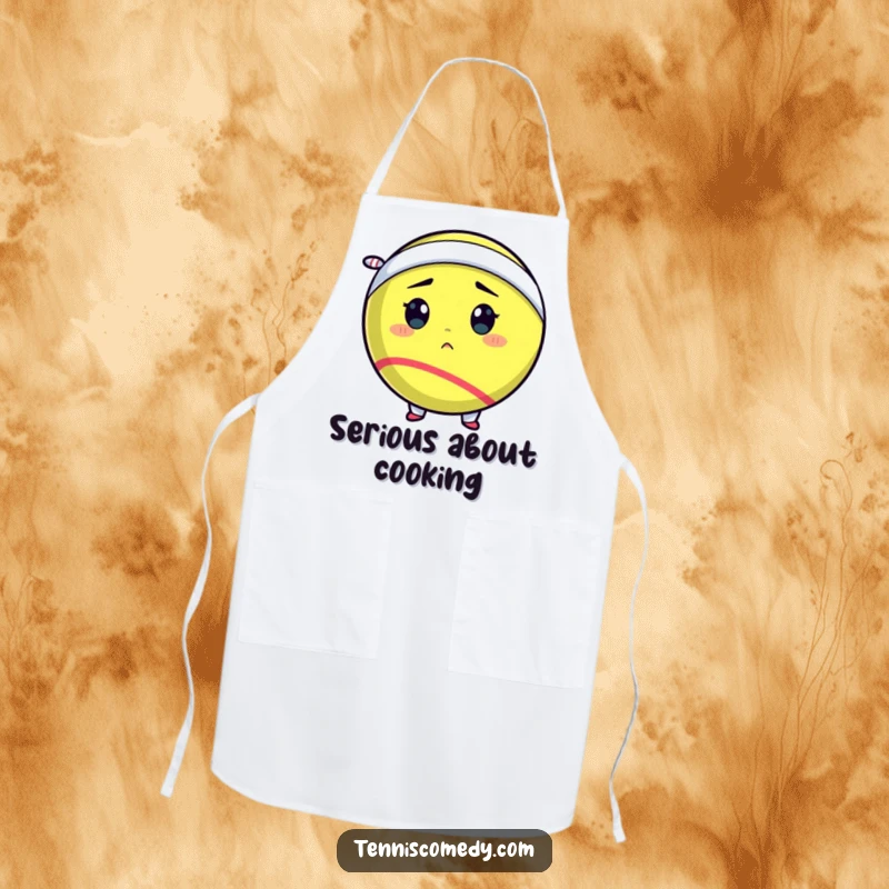 Funny tennis ball apron showing a determined tennis ball comically wearing a tiny sweatband, bringing sporty determination to cooking.