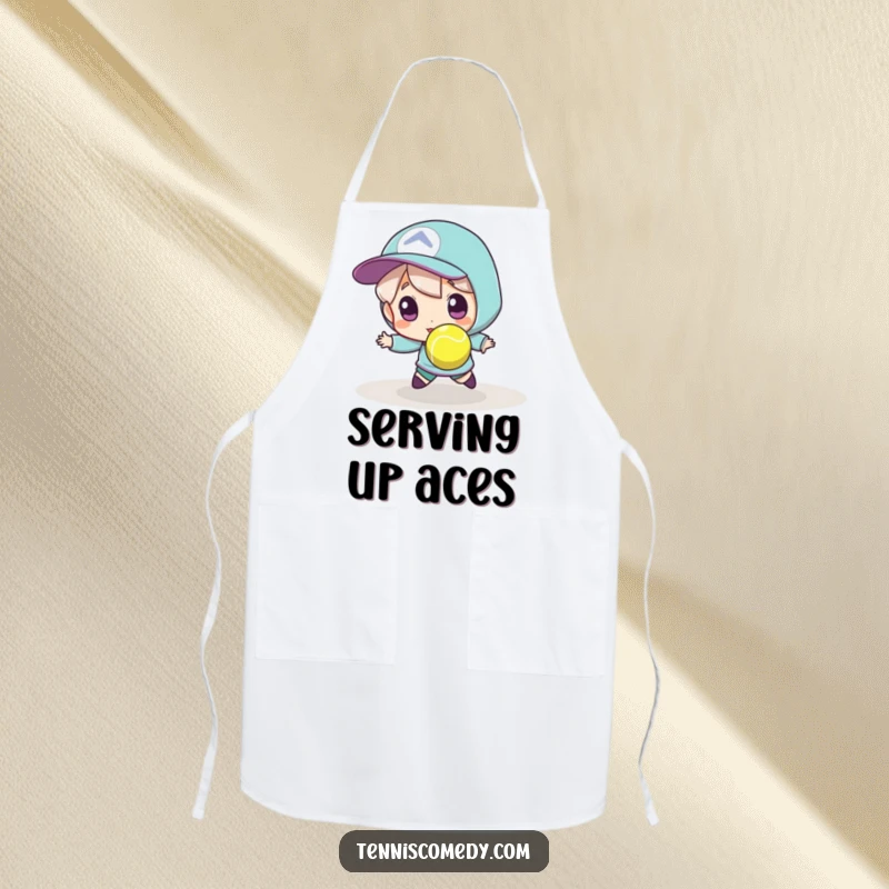 Funny tennis apron, durable fabric, shows a player desperately trying to catch a tiny, fast tennis ball, great for grilling.