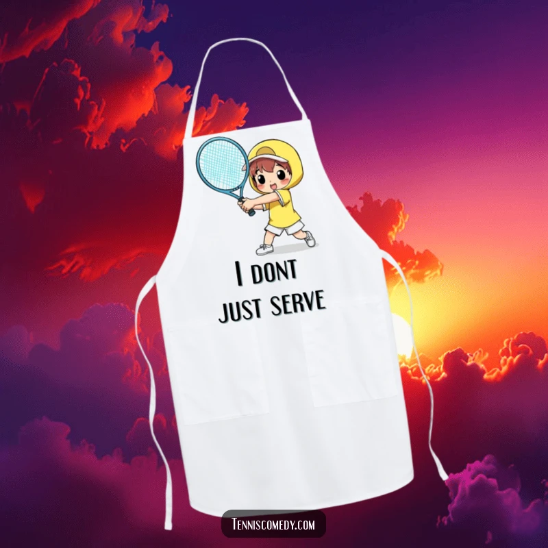 Funny apron with a character comically swinging a giant tennis racket, designed for chefs and home cooks who appreciate humor in the kitchen.