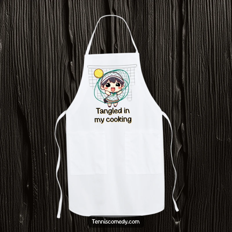 Funny tennis apron featuring a character hilariously tangled in a tennis net, perfect for kitchen use with humor.