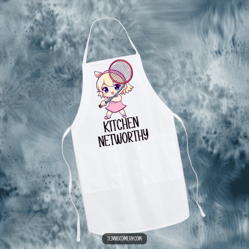 Funny apron with a cute character holding a tennis racket like a sword. Humorous kitchen wear for tennis fans.
