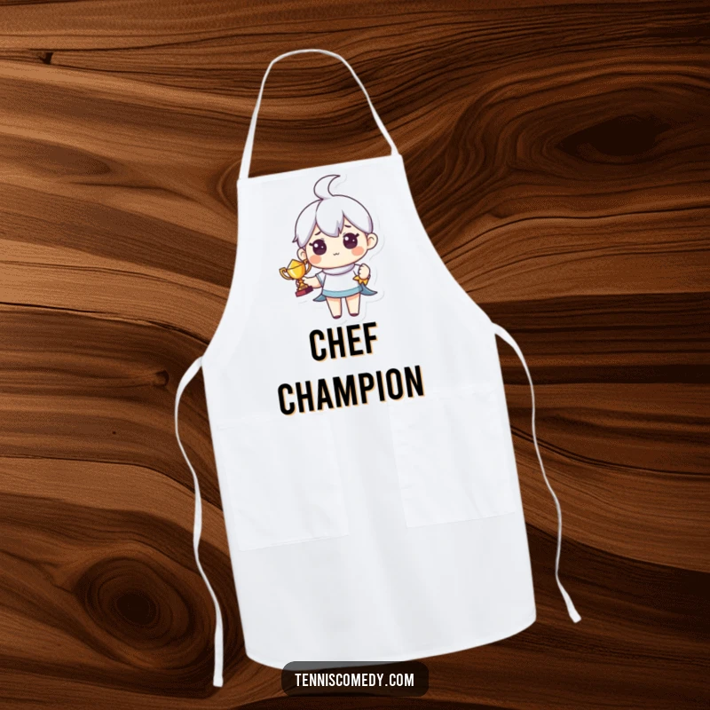 Funny apron with a cute character holding a tiny trophy with pride. Humorous kitchen wear.