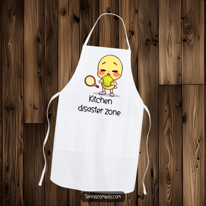 Funny apron showing a character comically failing to serve a tennis ball with a funny face, perfect for kitchen humor and as a unique gift.