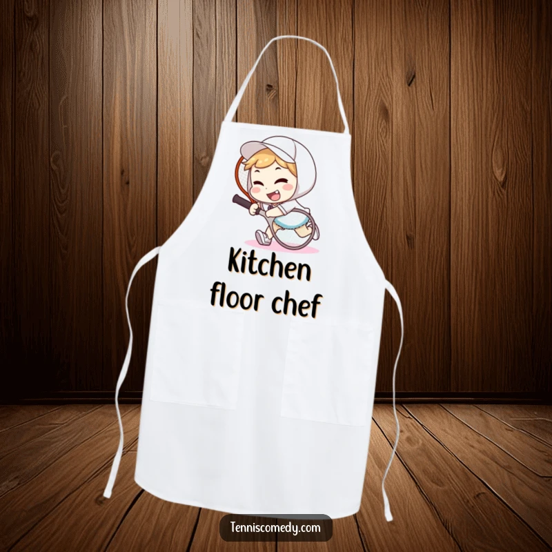 Funny tennis tripper apron showing a character tripping over a tennis racket with a goofy smile, perfect for kitchen protection.