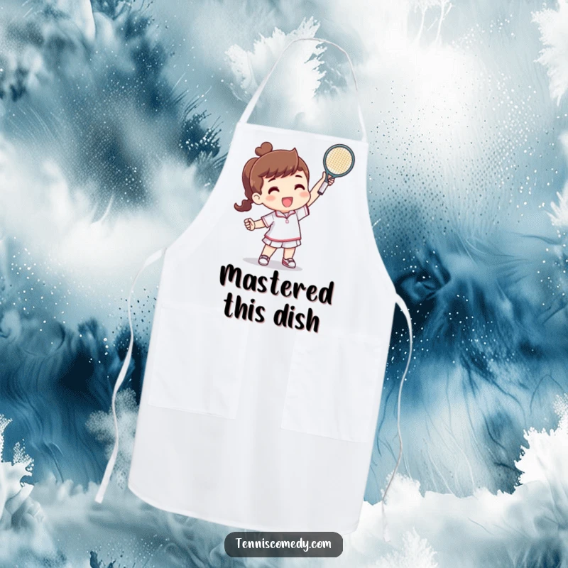 Funny apron featuring a character triumphantly raising a tiny tennis racquet after a successful point, perfect for a humorous cook.