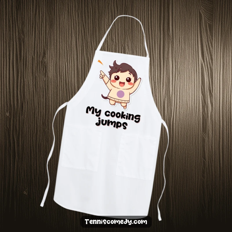 Funny apron featuring a character doing a happy jump, celebrating a successful dish or point.