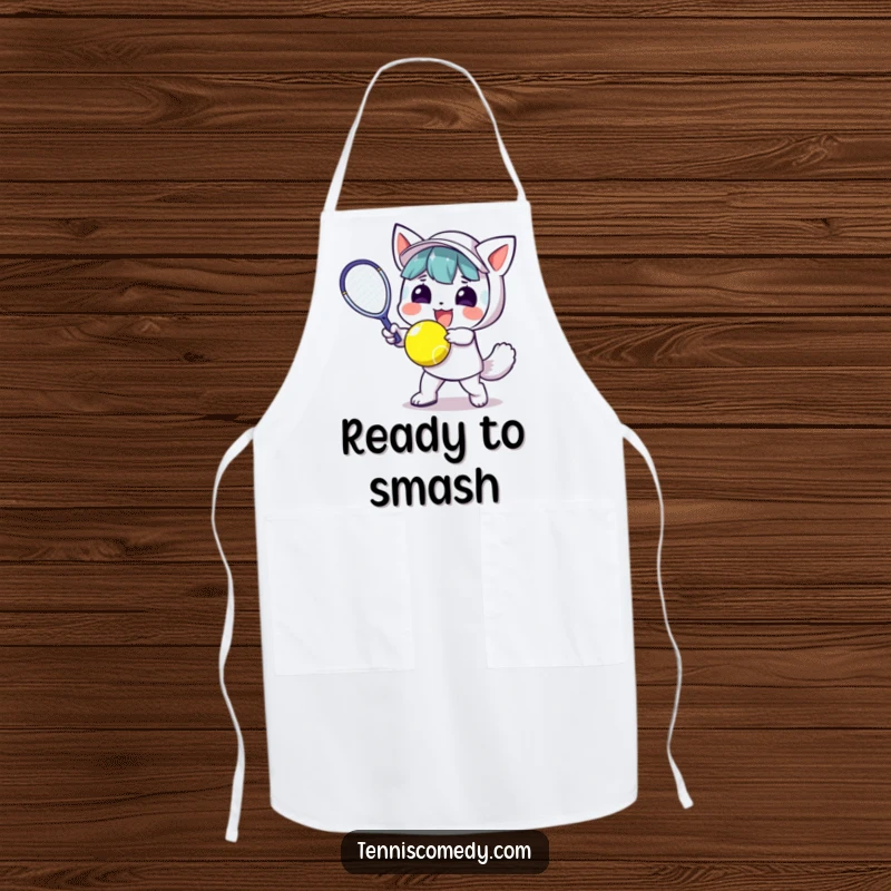 Funny Kawaii Tennis Apron: Cute kawaii character plays tennis, perfect for keeping your kitchen clean with a sporty, humorous touch.