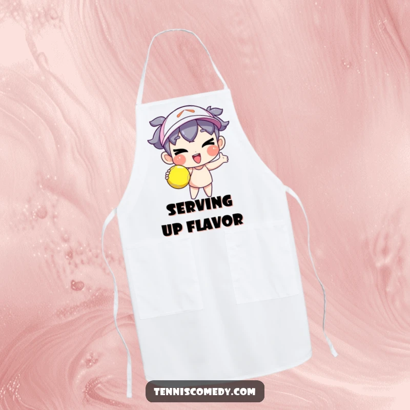 Funny cartoon character apron serving a tennis ball with a goofy wink, humorous kitchen accessory, ideal funny gift.