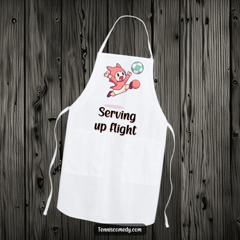 Funny apron featuring a character leaping high to hit a bouncing ball. Adds humor to kitchen tasks.