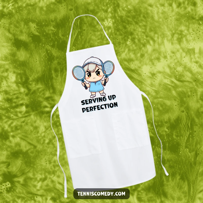 Funny apron showing a determined kawaii character holding two tennis rackets, perfect for a humorous kitchen experience.