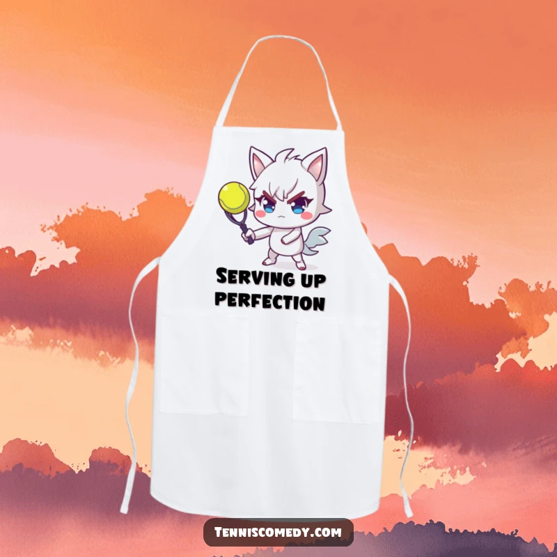 Funny tennis apron featuring a determined character with flair, serving a tennis ball, perfect for the kitchen-loving tennis player.