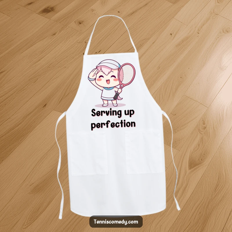 Funny Apron with a Kawaii character beaming, saluting with a tennis racket, ready for kitchen or court.