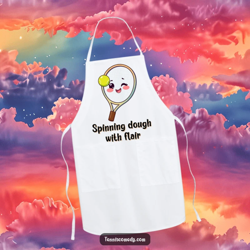 Funny tennis racket apron showing a happy racket spinning a tennis ball on its strings with a wink, bringing sporty fun to cooking.