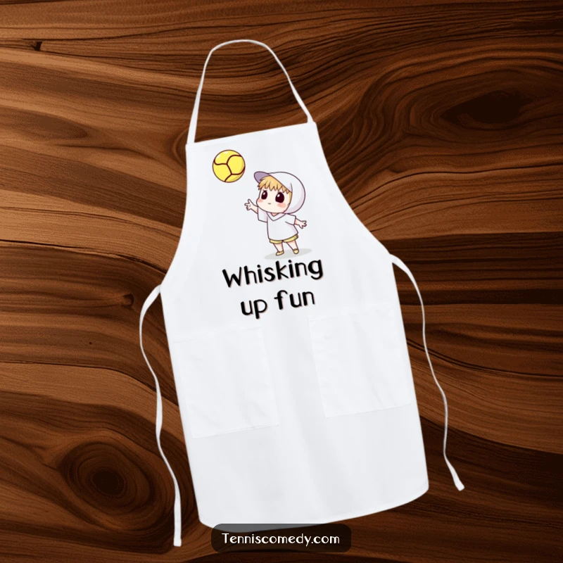 Funny apron depicting a cartoon tennis player tossing a tennis ball high and watching its spin. Humorous kitchen wear.