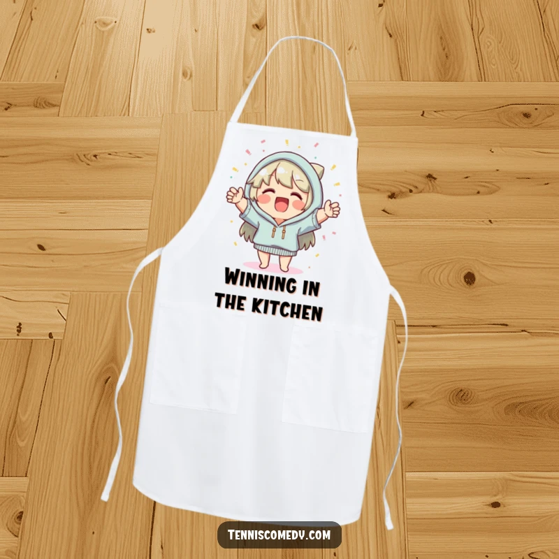 Funny apron, cheerful character, confetti falling, festive kitchen wear, perfect for parties, cooking and hosting.