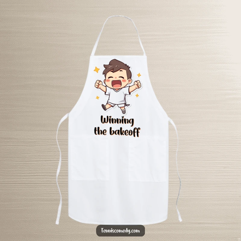 Funny apron showing a character enthusiastically cheering with clenched fists after scoring, perfect for a celebratory cook.