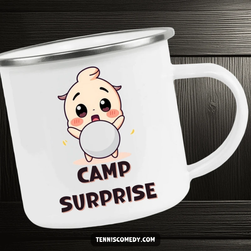 Funny camping mug with a cute character making a surprised face at a bouncing tennis ball. Durable and humorous drinkware.