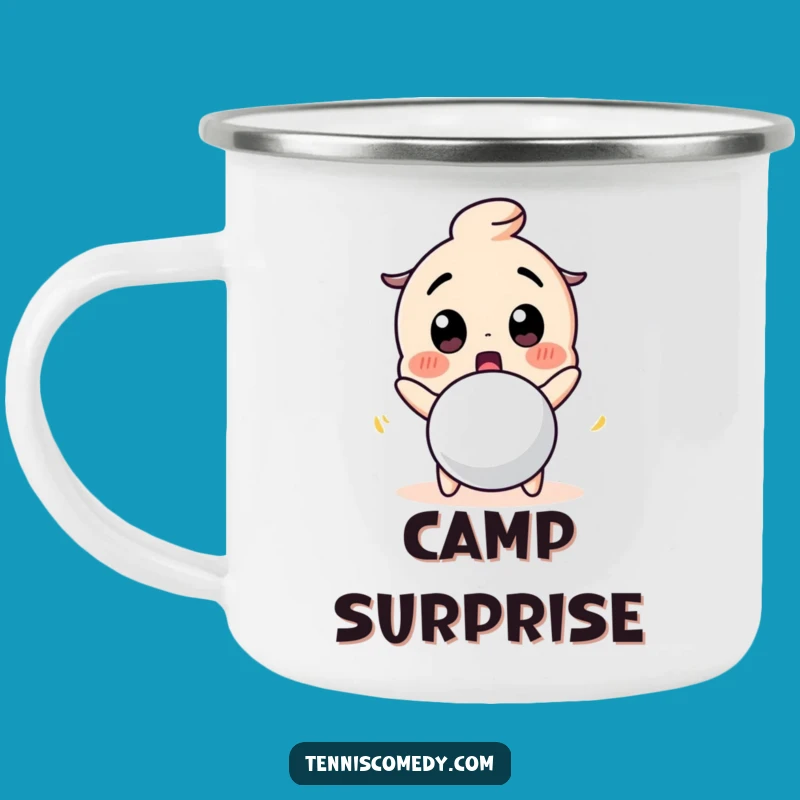 Funny Surprised Tennis Ball Character Camping Mug - Hilarious Outdoor Gear