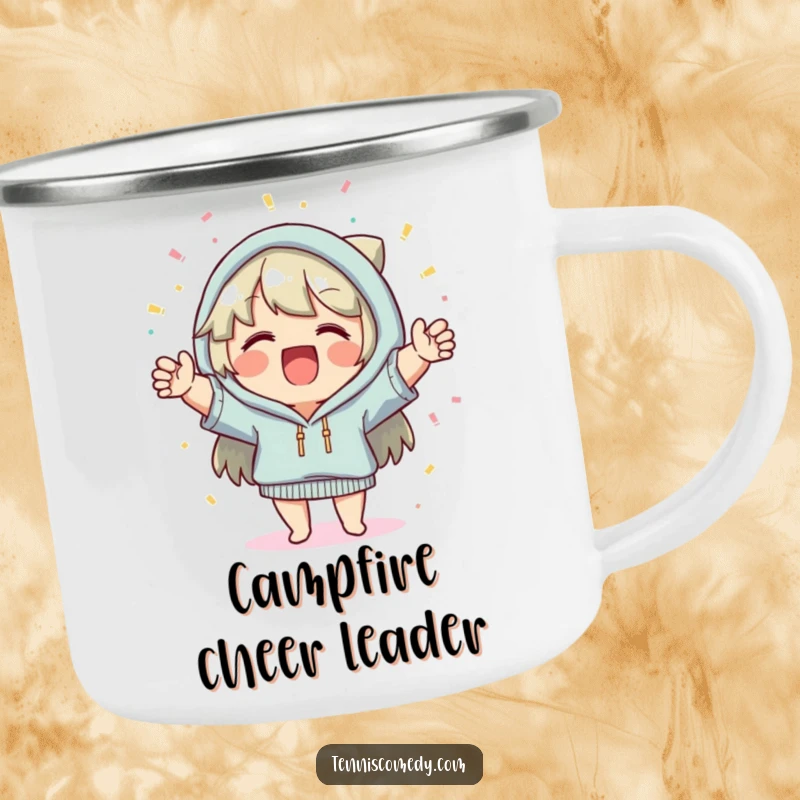 Funny camping mug, cheerful character, confetti falling, festive outdoor use, durable, perfect for adventurers, celebration mug.