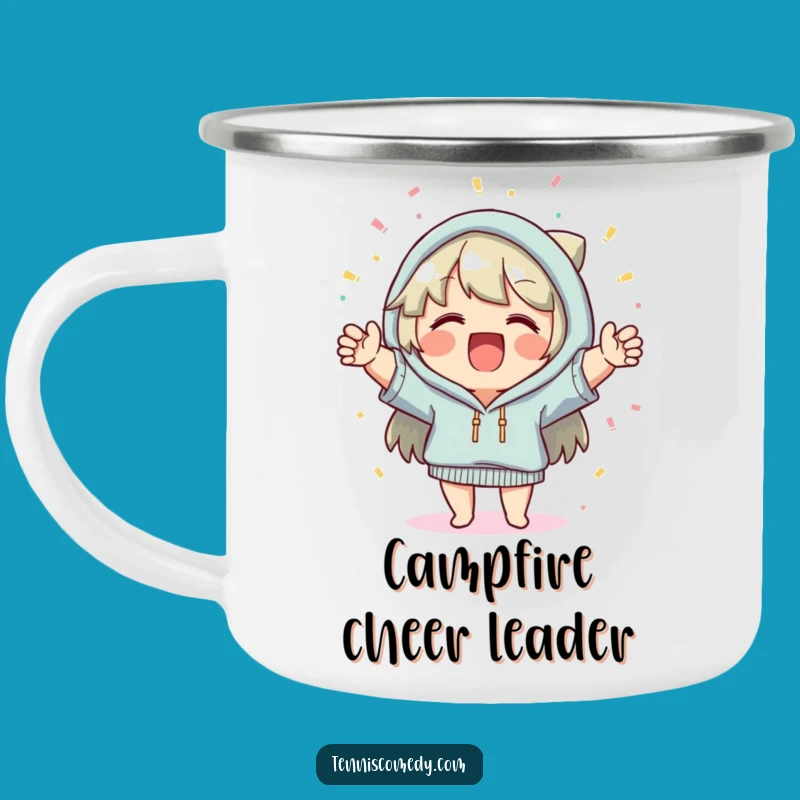 Funny Celebration Camping Mug: Cheerful Character with Confetti Outdoors