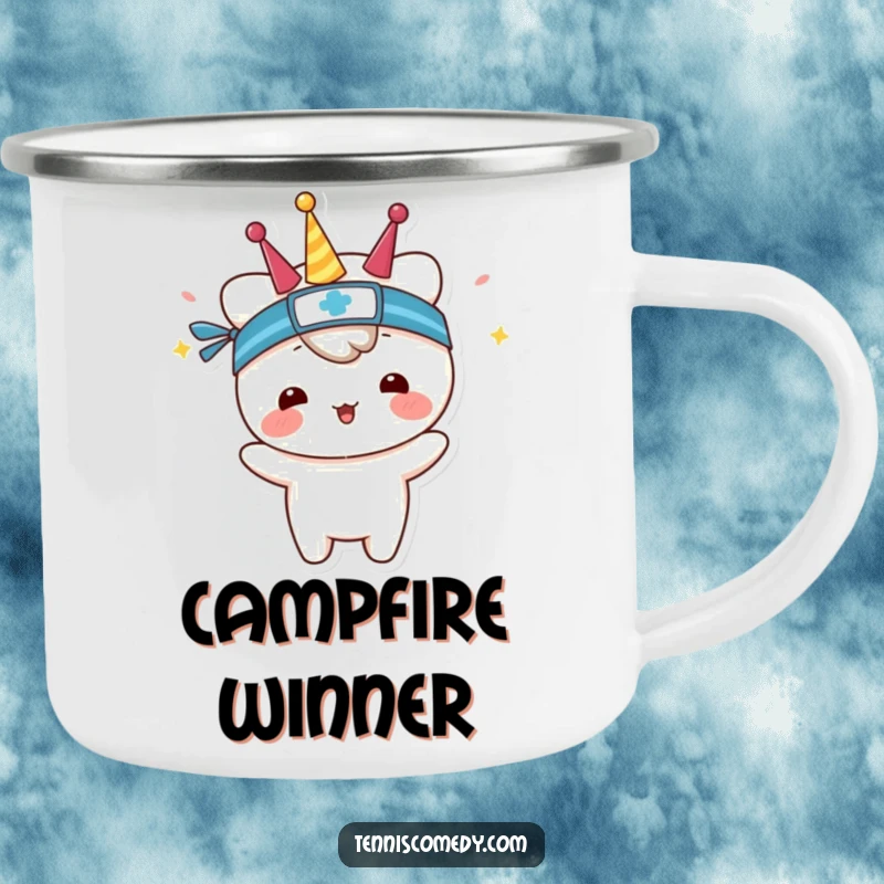 Funny enamel camping mug with a kawaii tennis player wearing a sweatband, celebrating outdoor adventures.