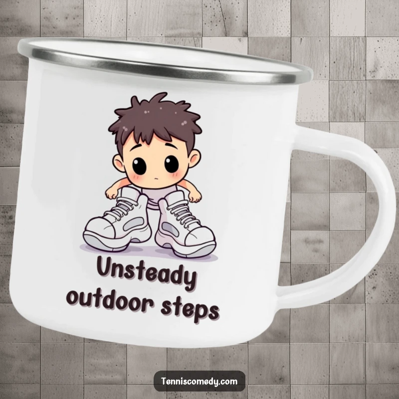 Funny camping mug with a Staffordshire character comically stumbling on a tennis court in oversized shoes, bringing outdoor humor.