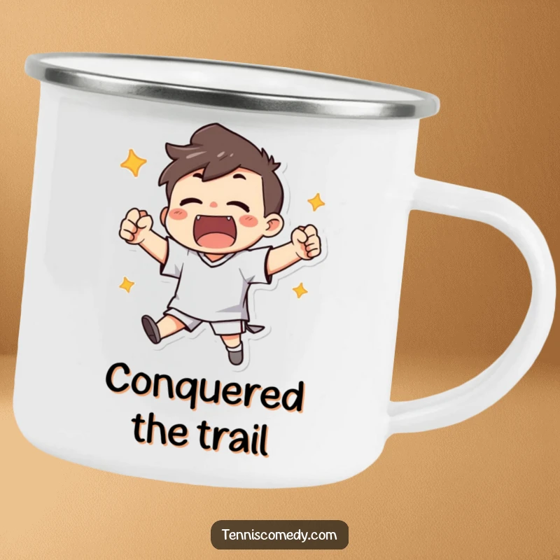 Funny camping mug with a character enthusiastically cheering with clenched fists after scoring, durable and celebratory.
