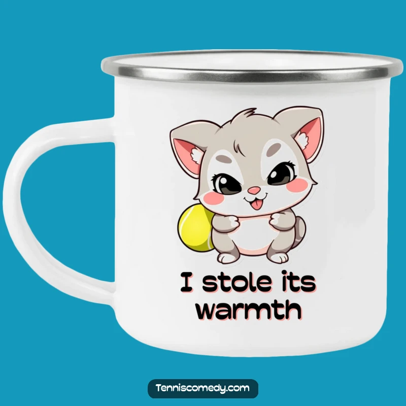 Funny Camping Mug: Mischievous Character's Secret Tennis Ball Adventure