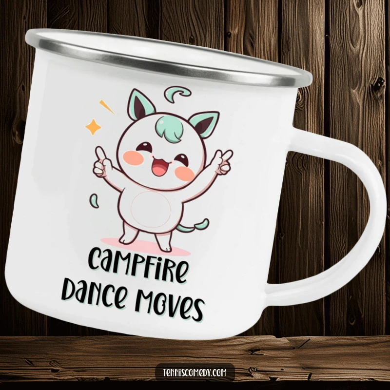 Funny Kawaii character camping mug showing a character comically celebrating a point with a silly dance, perfect for outdoor enthusiasts.