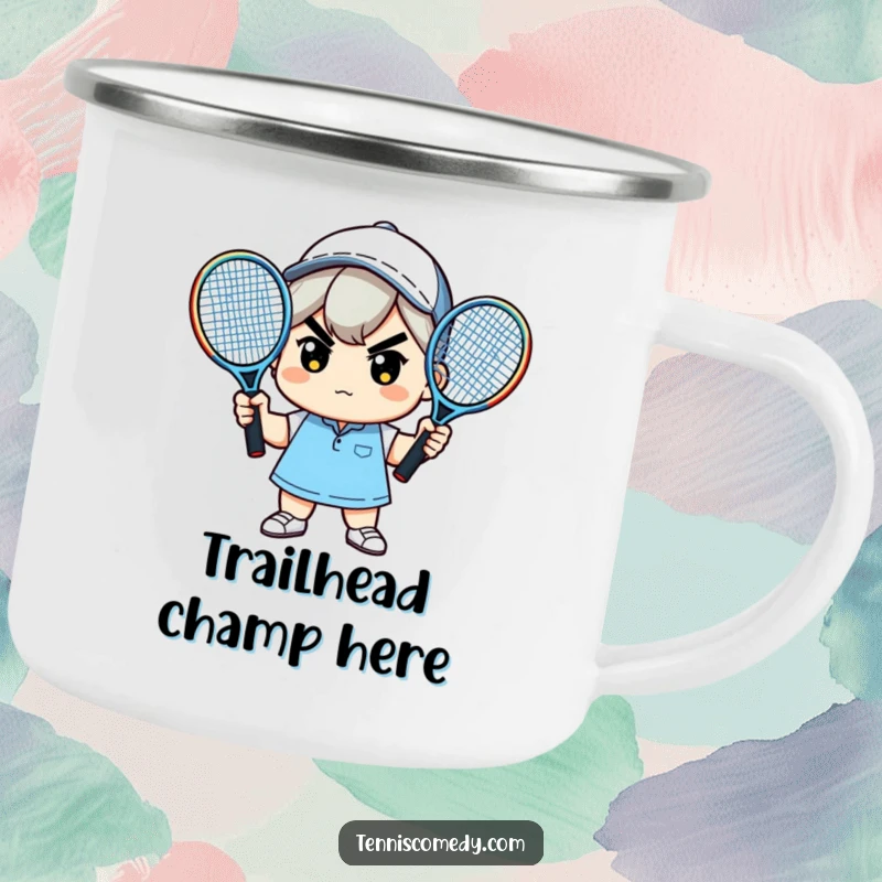 Funny camping mug showcasing a determined kawaii character ready for action with two tennis rackets.