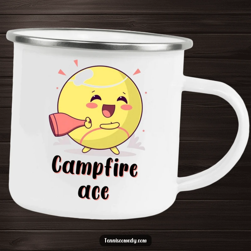 Funny enamel camping mug with a kawaii character gleefully hitting a giant tennis ball, perfect for happy campers.