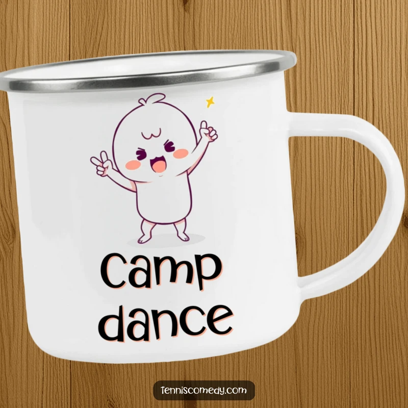 Funny enamel camping mug with a kawaii tennis player doing a silly victory dance, perfect for happy campers.