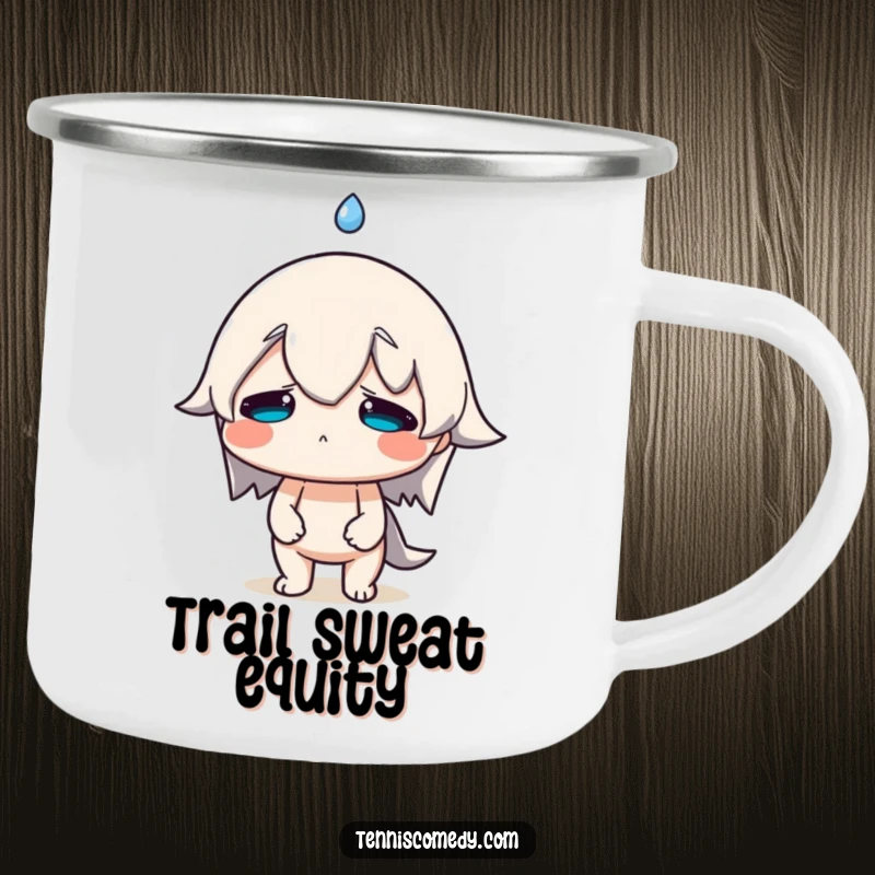 Funny Sweat Drop Camping Mug featuring a character with a comically large sweat drop, designed for outdoor fun and adding humorous realism.