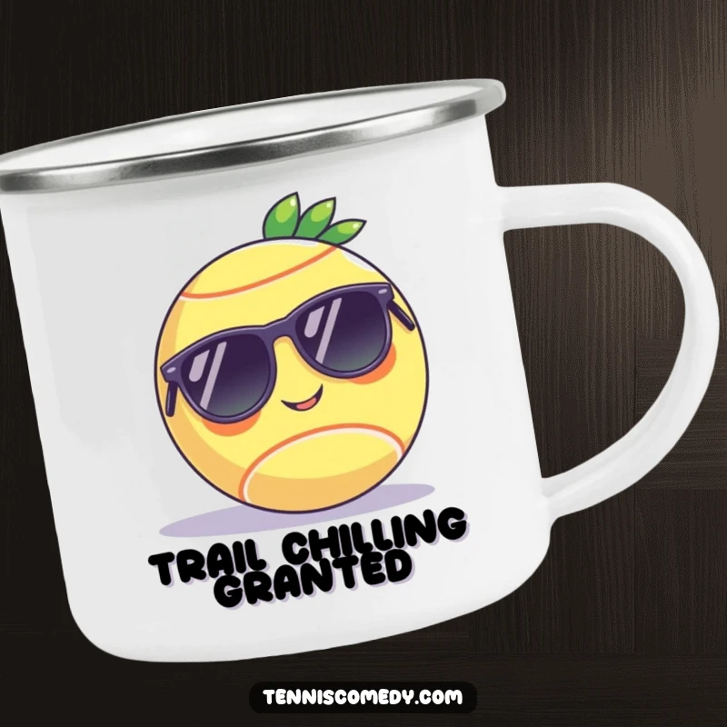 Funny enamel camping mug featuring a tennis ball in sunglasses chilling on a court, perfect for outdoor humor and as a gift.