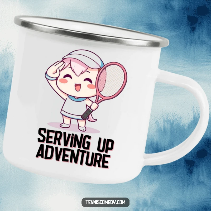 Funny Camping Mug with a beaming Kawaii character saluting with a tennis racket, ideal for outdoor enthusiasts.