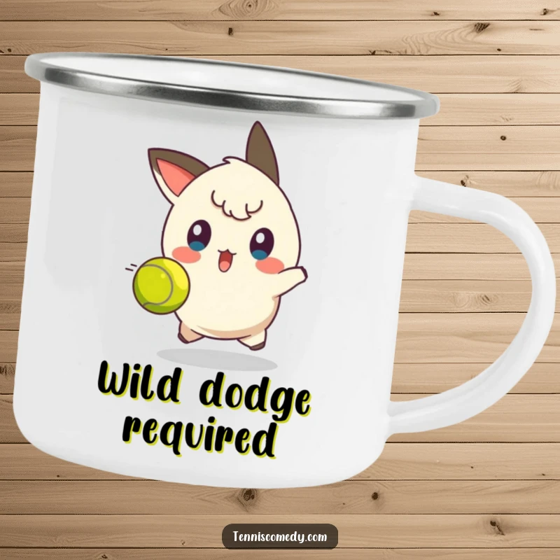 Funny tennis dodge camping mug with a character looking surprised, dodging a tennis ball, built for durability and humor.